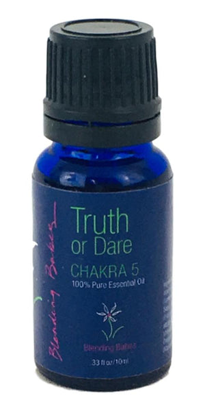 Chakra 5, Truth or Dare essential oil blend. Located in the Throat Chakra, connects with our ability to communicate, including our expression of feelings and truth.
