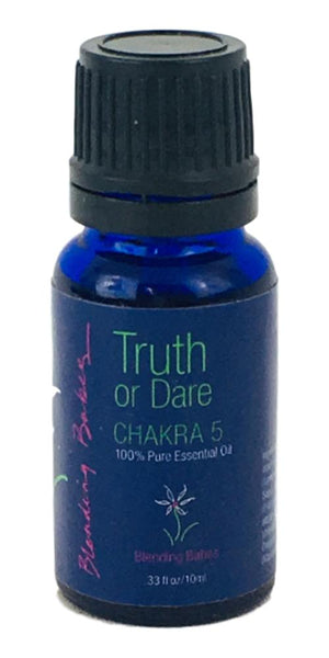 Chakra 5, Truth or Dare essential oil blend. Located in the Throat Chakra, connects with our ability to communicate, including our expression of feelings and truth. 