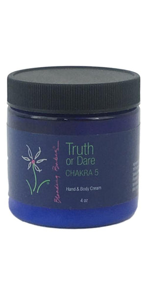 Chakra 5, Truth or Dare Hand and body Cream. Located in the Throat Chakra, connects with our ability to communicate, including our expression of feelings and truth. 