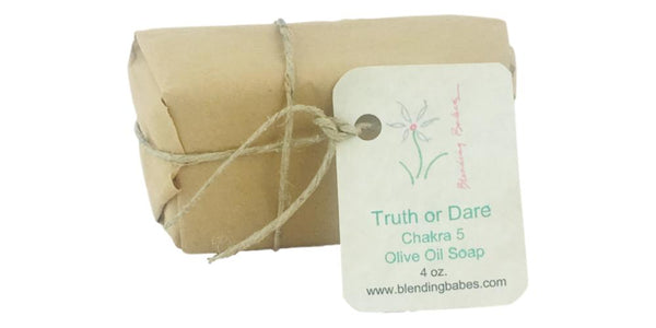 Chakra 5, Truth or Dare bar soap. Located in the Throat Chakra, connects with our ability to communicate, including our expression of feelings and truth. 